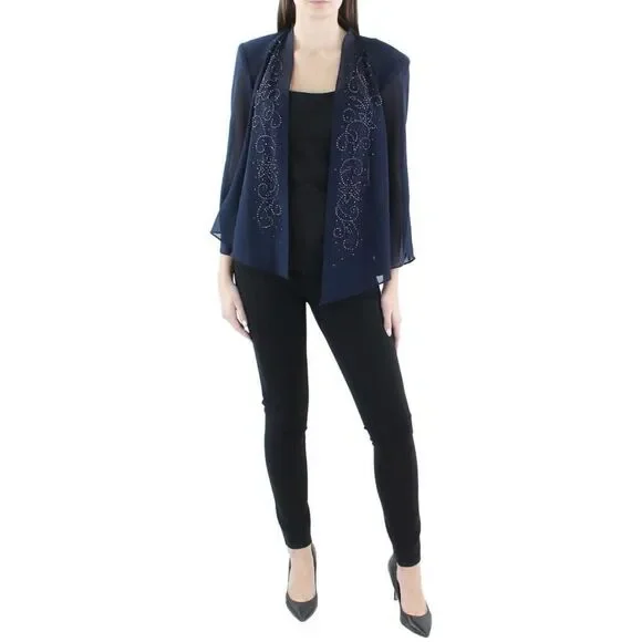 NWT R&M Richards Chiffon Beaded Jacket, midnight blue Size 18 - Picture 2 of 11